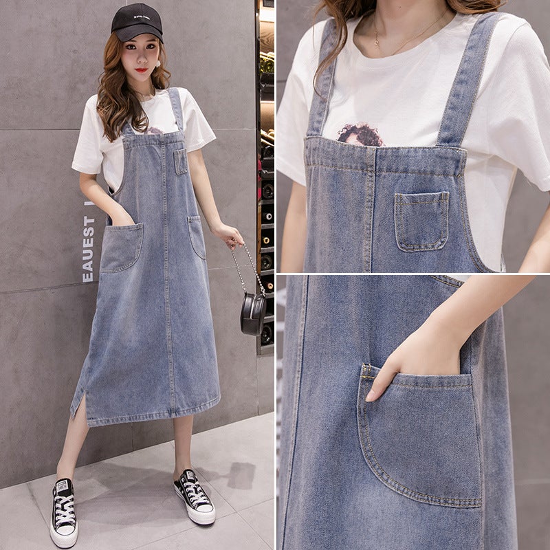 Real S Of The Spring/Summer Loose Casual Versatile Denim Suspender Dress, Mid-Length Slimming Dress For Women In Autumn - Image 3