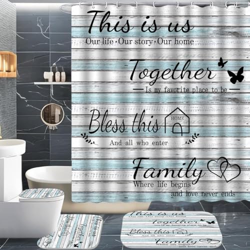 juwute 4Pcs Family Shower Curtain Sets with NonSlip Rugs Toilet Lid Cover and Bath Mat Wood Grain Home Bathroom Decor Set Accessories Waterproof Shower Curtains with 12 Hooks 72 x 72 Inch - Image 1