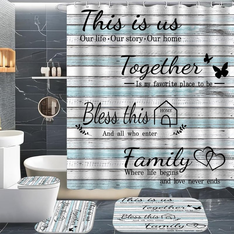 juwute 4Pcs Family Shower Curtain Sets with NonSlip Rugs Toilet Lid Cover and Bath Mat Wood Grain Home Bathroom Decor Set Accessories Waterproof Shower Curtains with 12 Hooks 72 x 72 Inch - Image 2