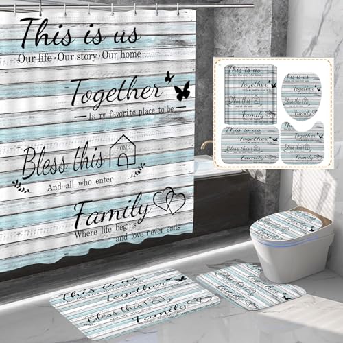 juwute 4Pcs Family Shower Curtain Sets with NonSlip Rugs Toilet Lid Cover and Bath Mat Wood Grain Home Bathroom Decor Set Accessories Waterproof Shower Curtains with 12 Hooks 72 x 72 Inch - Image 3