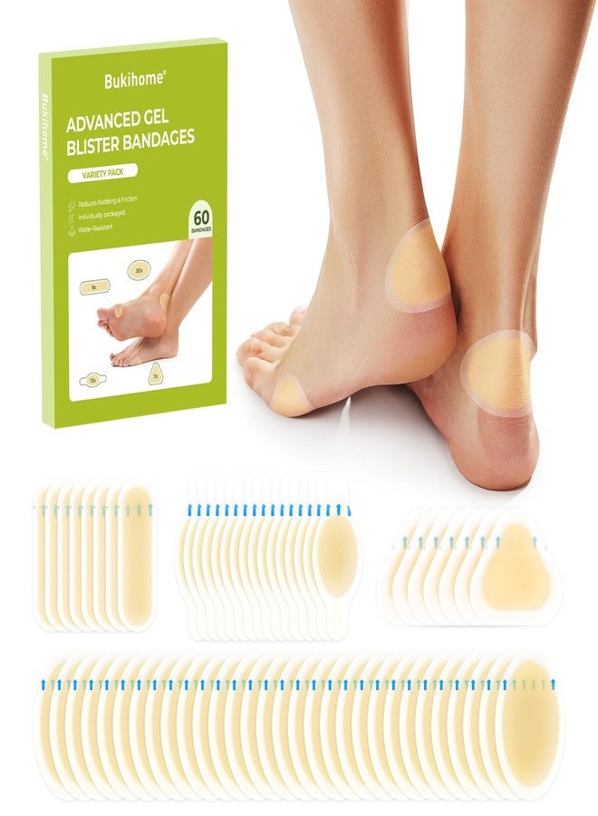 Bukihome Gel Blister Hydrocolloid Bandages - 60Pcs Blister Cushions for Foot - Water Resistant Adhesive Bandages, Toe Blister Pads for Prevention & Recovery, Reduce Friction with Heels (Variety Pack - Image 1