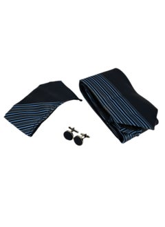 Blue Tie Gift Set With Pocket Square Cufflinks, Striped Cufflink Handkerchief Set, Pocket Square Cufflinks Mens Blue Tie
