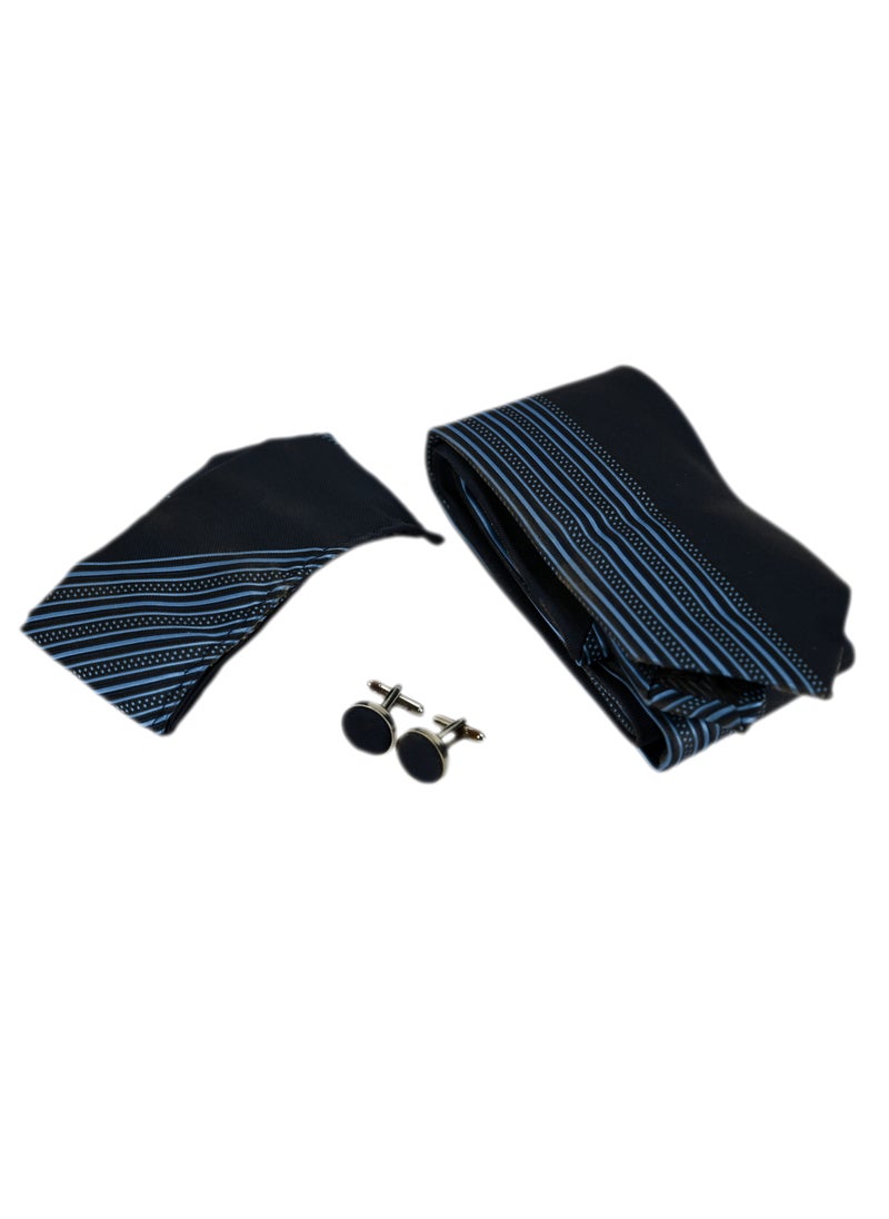 Generic - Blue Tie Gift Set With Pocket Square Cufflinks, Striped Cufflink Handkerchief Set, Pocket Square Cufflinks Mens Blue Tie - Image 1