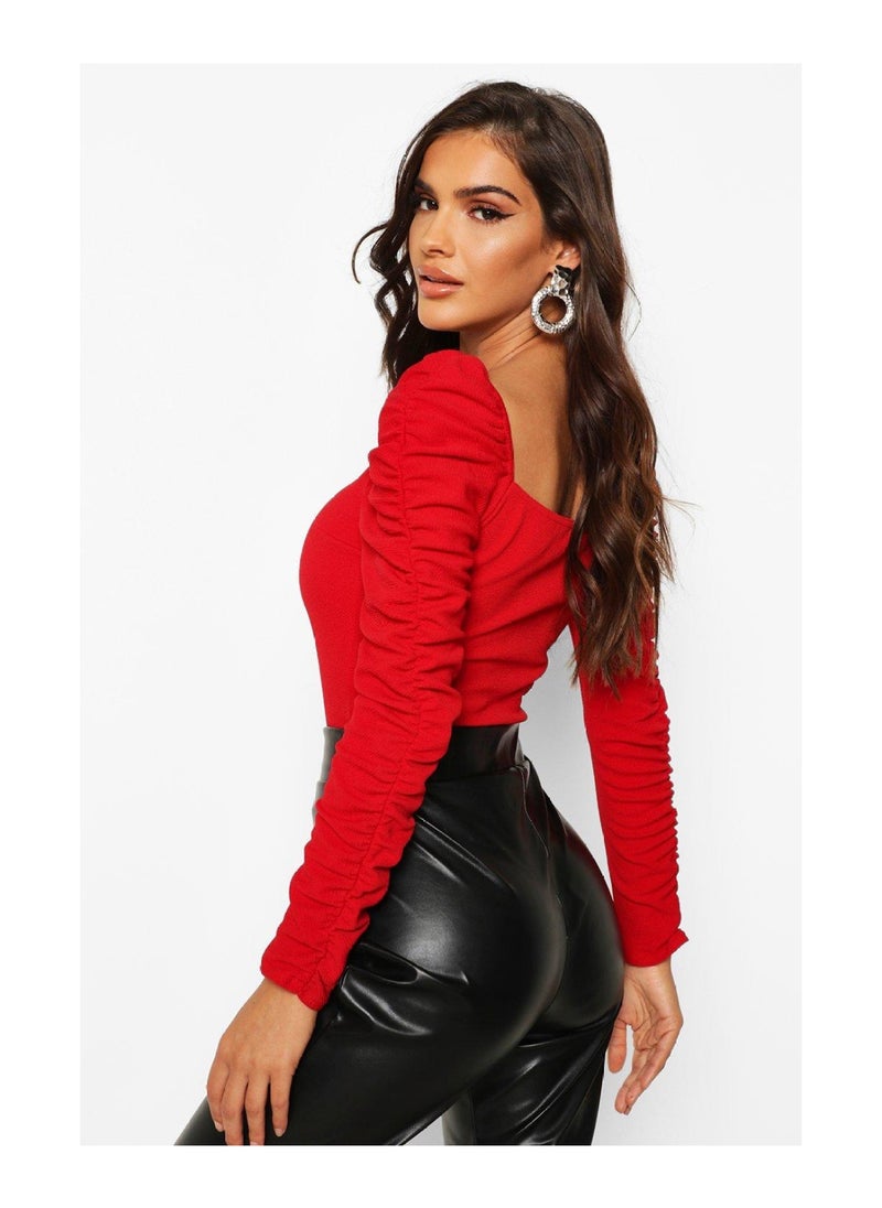 boohoo - Crepe Square Neck Ruched Sleeve Top - Image 1