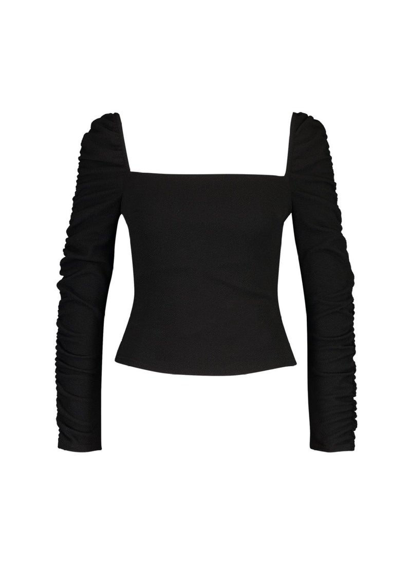 boohoo - Crepe Square Neck Ruched Sleeve Top - Image 1