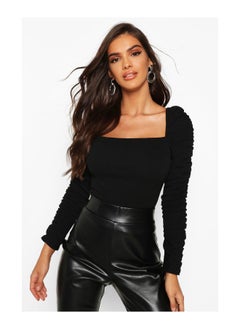 Crepe Square Neck Ruched Sleeve Top