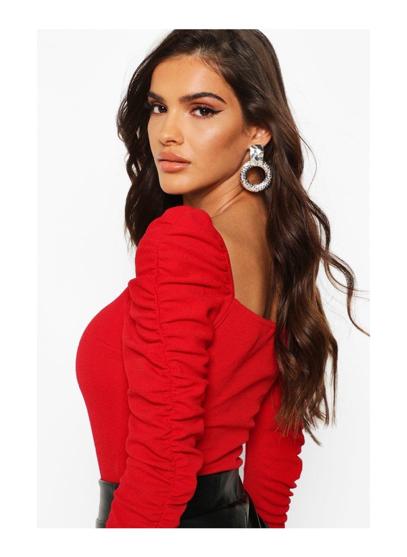 boohoo - Crepe Square Neck Ruched Sleeve Top - Image 1