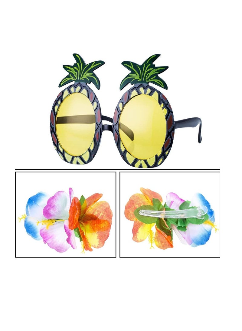 Excefore 8 Pieces Hula Skirt Costume Kit, Hawaiian Leis Grass Skirt with Flowers Bikini Top Bracelets Necklace Hair Clip Pineapple Sunglasses for Hula Costume and Beach Party, Masquerade - Image 2