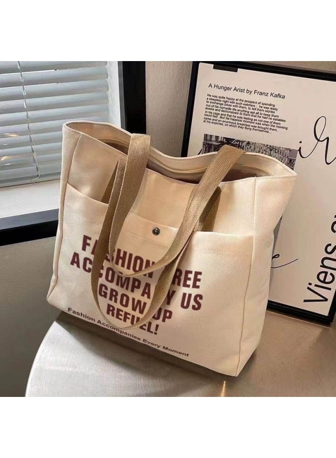 Women's Ins Mori Style All-match Handbag Canvas Bag Shoulder Bag Large Capacity SZ-Color:Fa Style Off-white Double Pocket-Size:Thickened Canvas + Zipper + Inner Pocket - Image 2