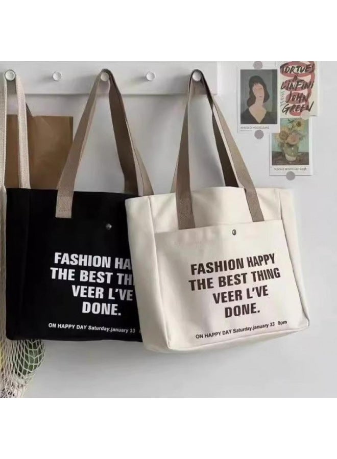 Women's Ins Mori Style All-match Handbag Canvas Bag Shoulder Bag Large Capacity SZ-Color:Fa Style Off-white Double Pocket-Size:Thickened Canvas + Zipper + Inner Pocket - Image 5