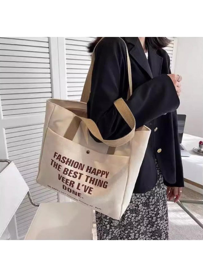 Women's Ins Mori Style All-match Handbag Canvas Bag Shoulder Bag Large Capacity SZ-Color:Fa Style Off-white Double Pocket-Size:Thickened Canvas + Zipper + Inner Pocket - Image 3
