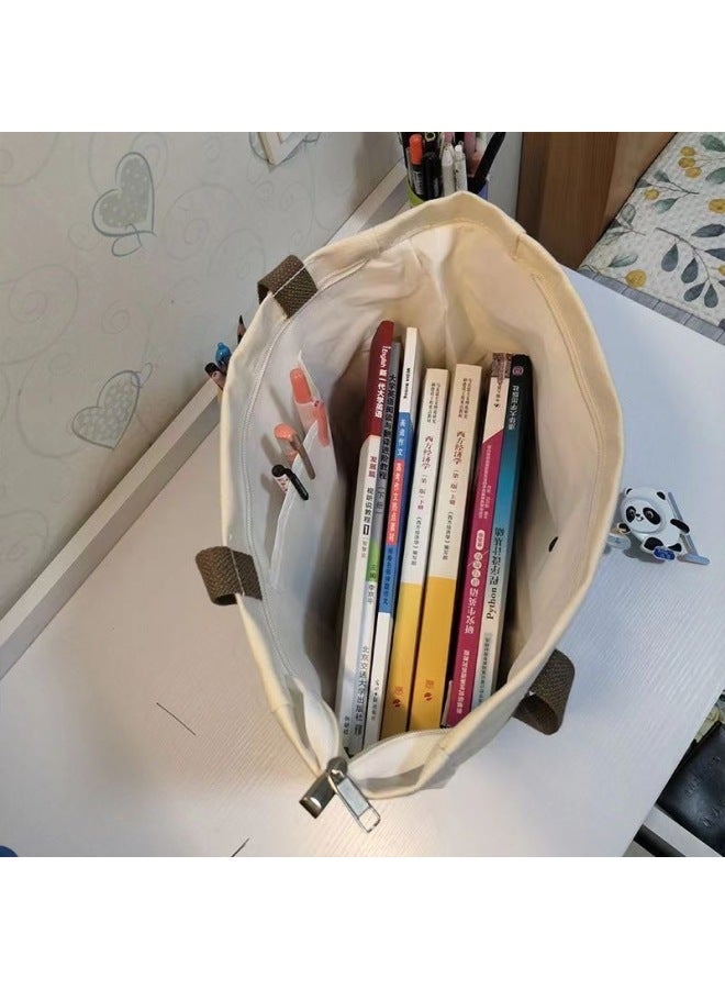 Women's Ins Mori Style All-match Handbag Canvas Bag Shoulder Bag Large Capacity SZ-Color:Fa Style Off-white Double Pocket-Size:Thickened Canvas + Zipper + Inner Pocket - Image 4