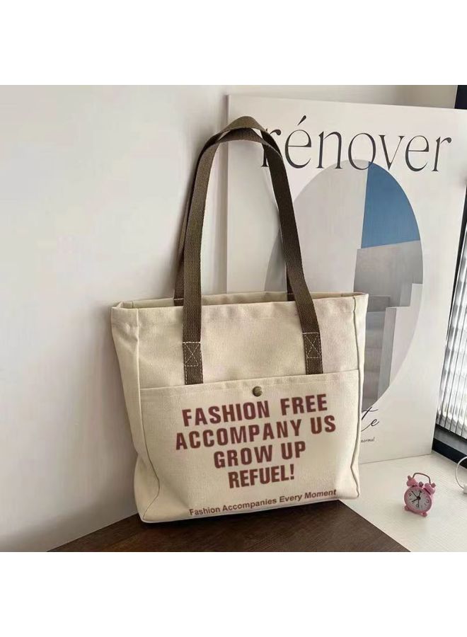 Women's Ins Mori Style All-match Handbag Canvas Bag Shoulder Bag Large Capacity SZ-Color:Fa Style Off-white Double Pocket-Size:Thickened Canvas + Zipper + Inner Pocket - Image 1