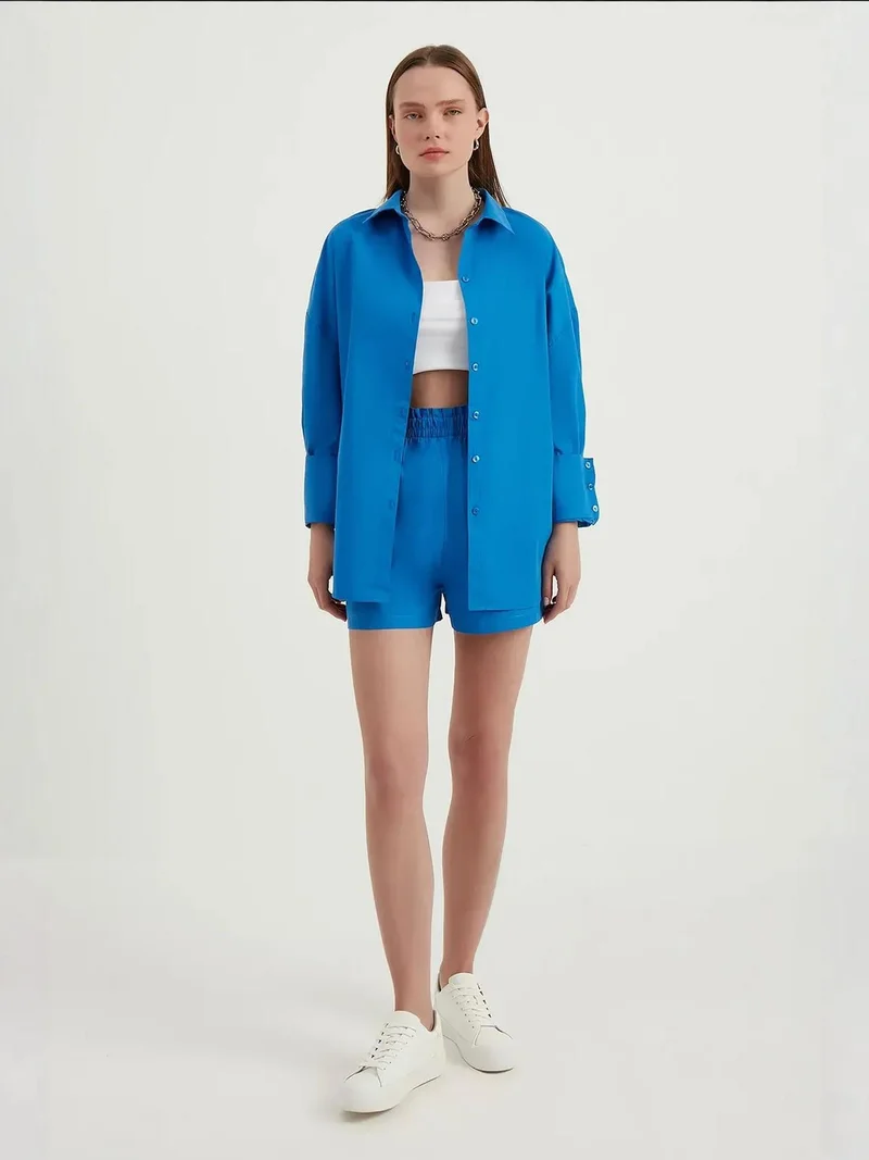 2 Pieces: Oversized Shirt & High Waist Ruched Waistband Shorts