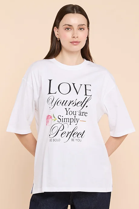 R&b Typography Print Oversized T-Shirt with Crew Neck and Short Sleeves