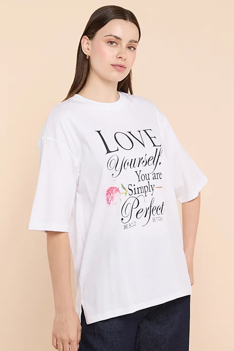 R&b Typography Print Oversized T-Shirt with Crew Neck and Short Sleeves