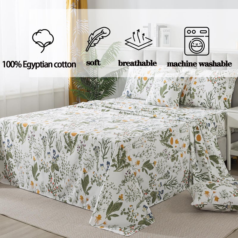 FADFAY 100% Egyptian Cotton Sheets King Botanical Printed Floral Sheets Yellow Flowers & Leaves Pattern Farmhouse Bedding Soft and Breathable French Country Bedding 4Pcs Deep Pocket King Sheet Set - Image 4