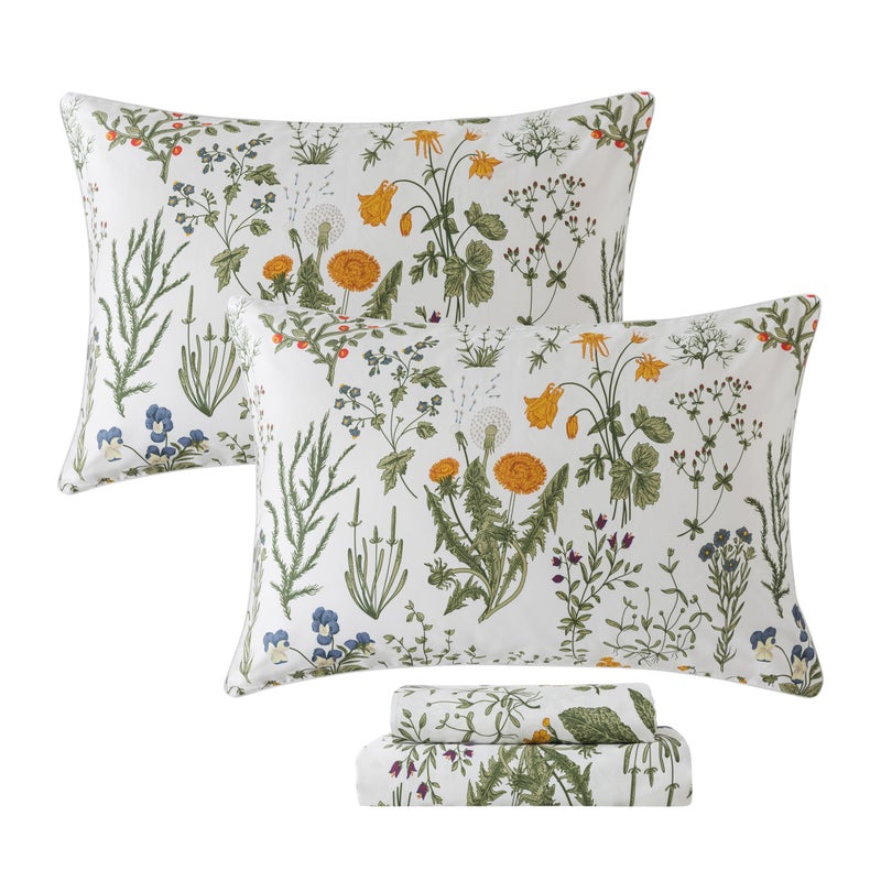 FADFAY 100% Egyptian Cotton Sheets King Botanical Printed Floral Sheets Yellow Flowers & Leaves Pattern Farmhouse Bedding Soft and Breathable French Country Bedding 4Pcs Deep Pocket King Sheet Set - Image 1