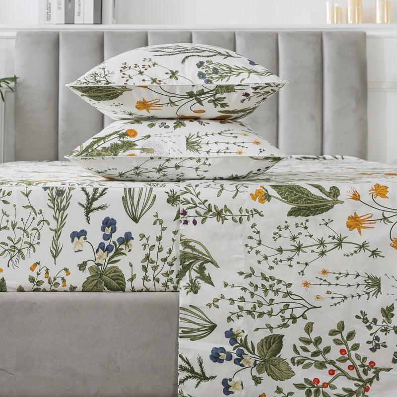 FADFAY 100% Egyptian Cotton Sheets King Botanical Printed Floral Sheets Yellow Flowers & Leaves Pattern Farmhouse Bedding Soft and Breathable French Country Bedding 4Pcs Deep Pocket King Sheet Set - Image 2