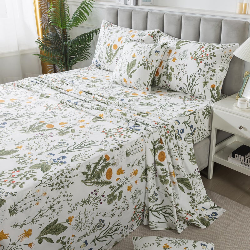 FADFAY 100% Egyptian Cotton Sheets King Botanical Printed Floral Sheets Yellow Flowers & Leaves Pattern Farmhouse Bedding Soft and Breathable French Country Bedding 4Pcs Deep Pocket King Sheet Set - Image 3