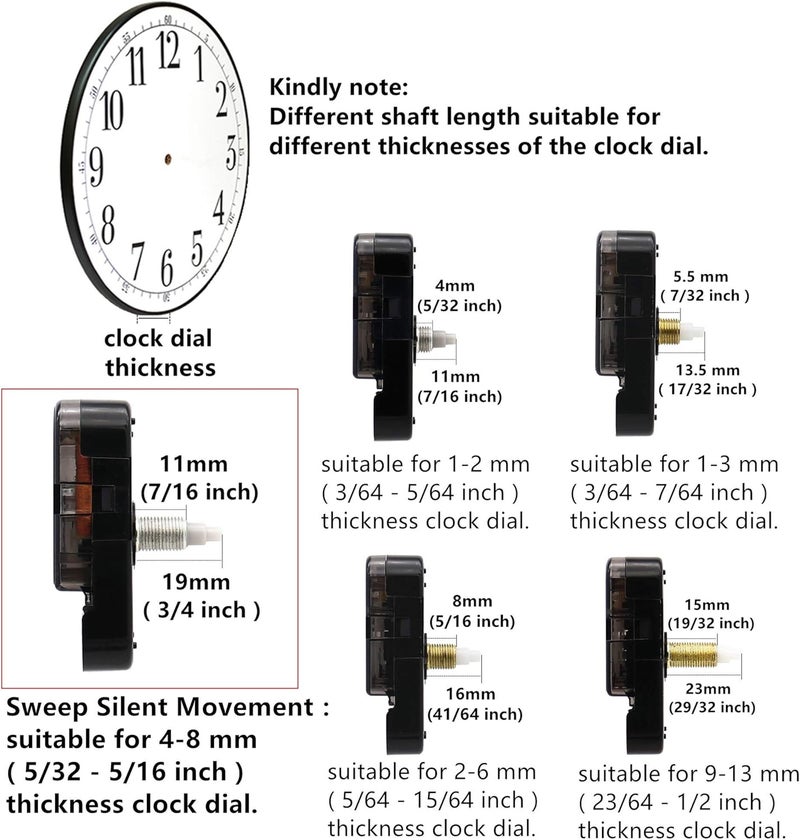 TIKROUND Youngtown 12888 2 Pack Clock Movement Mechanism with 4 Pairs of Short Hands Battery Silent Sweep Operated Quartz Clock Motor Kit DIY Repair Parts Replacement,Total Shaft Length is 19 mm (3/4 inch). - Image 3