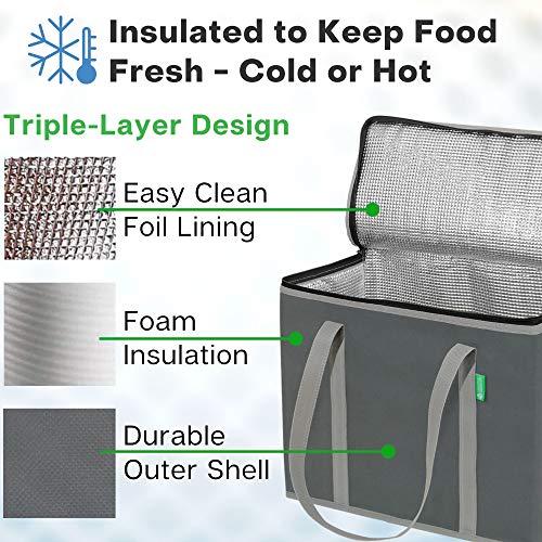 Creative Green Life XL Insulated Reusable Grocery Bags (2-Pack) - Premium Quality Cooler Bags with Hard Bottom Insert - Stands Upright, Machine Washable, Sturdy Zipper - Insulated Bag for Warm or Cold Food Delivery Bag - Image 2