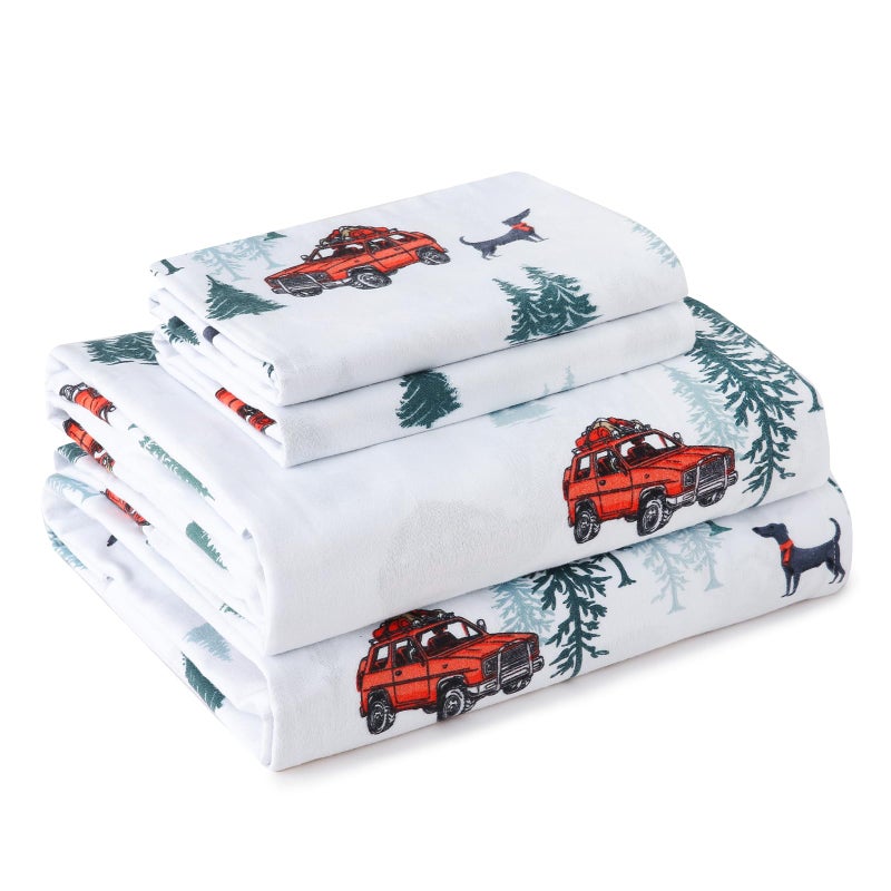 LONAVA 100% Cotton Flannel Sheet Set 4 Pieces, Heavy-Duty Fluffy Flannel Design, Thermal Lock Technology, 16 inch Deep Pocket Cozy Soft Bedsheets,(Queen,Forest Jeep) - Image 1