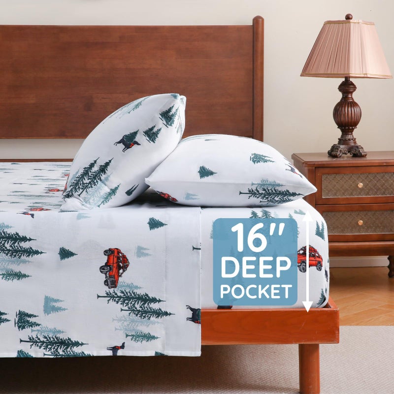 LONAVA 100% Cotton Flannel Sheet Set 4 Pieces, Heavy-Duty Fluffy Flannel Design, Thermal Lock Technology, 16 inch Deep Pocket Cozy Soft Bedsheets,(Queen,Forest Jeep) - Image 5
