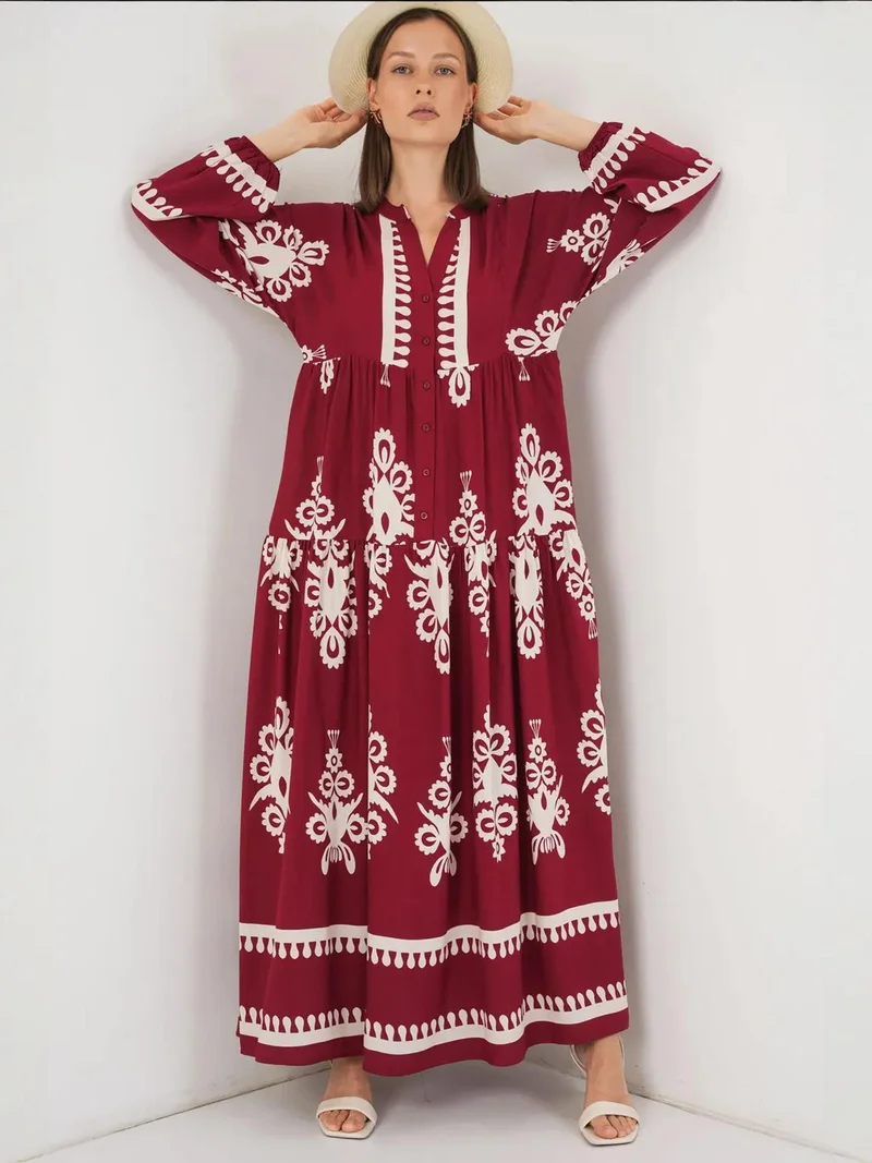 BIG DART BDART Printed V-Neck Maxi Dress with Button Closure