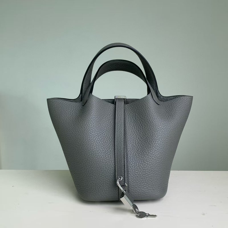 18cm Wax Line Hand Sewed TC Top Layer Cowhide Vegetable Basket Bag Bucket Bag Genuine Leather Womens Bag Handbag Rainy cloud gray 