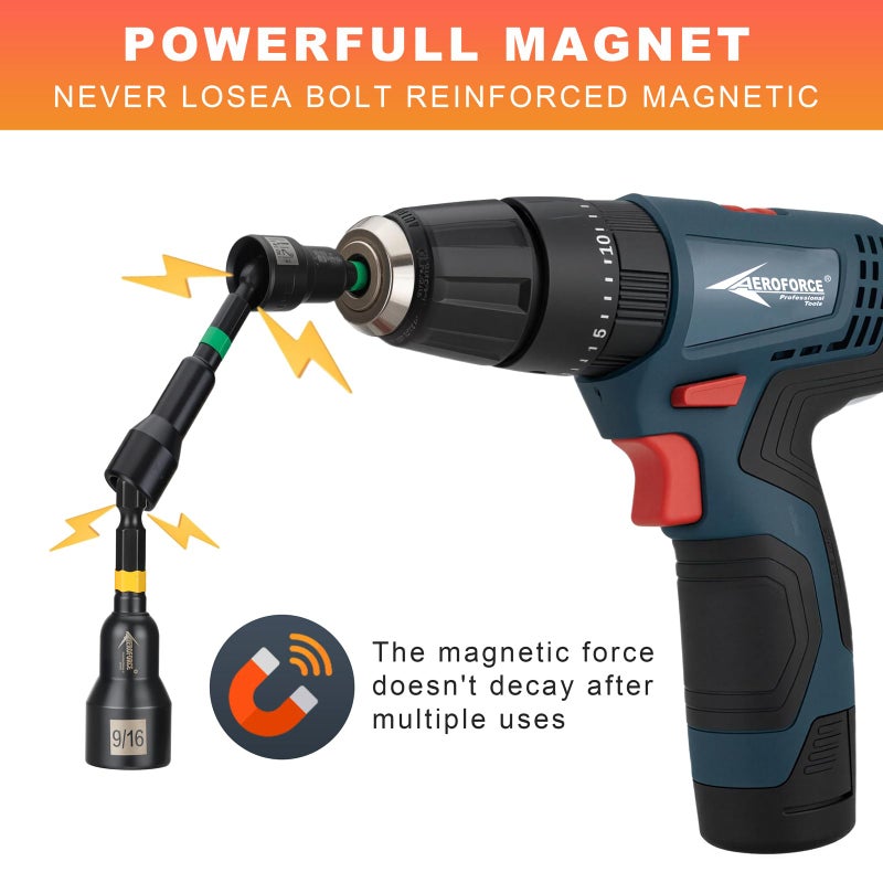 AEROFORCE Professional Tools AEROFORCE 41 PCS Magnetic Nut Driver Set, Impact Drill Driver Bit 1/4" Hex Shank, SAE & Metric Cr-V Steel Power Nut Drivers with Quick-release Extensions, Impact Socket Adapters, Bit Holder - Image 3
