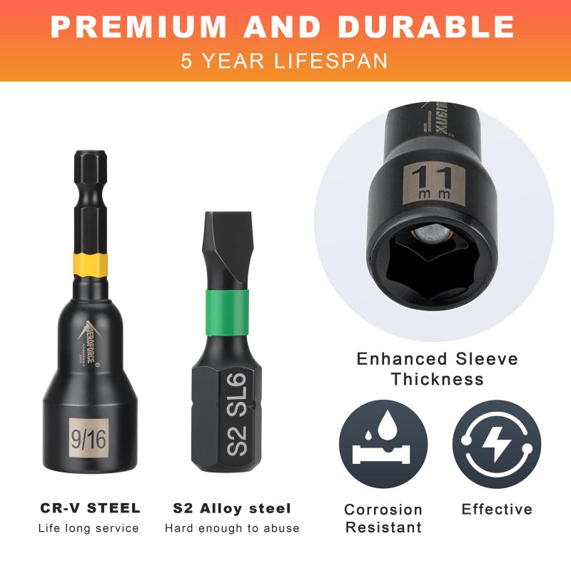 AEROFORCE Professional Tools AEROFORCE 41 PCS Magnetic Nut Driver Set, Impact Drill Driver Bit 1/4" Hex Shank, SAE & Metric Cr-V Steel Power Nut Drivers with Quick-release Extensions, Impact Socket Adapters, Bit Holder - Image 4