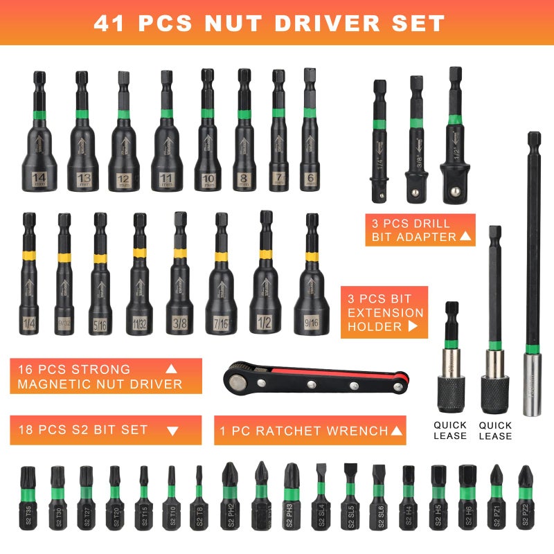 AEROFORCE Professional Tools AEROFORCE 41 PCS Magnetic Nut Driver Set, Impact Drill Driver Bit 1/4" Hex Shank, SAE & Metric Cr-V Steel Power Nut Drivers with Quick-release Extensions, Impact Socket Adapters, Bit Holder - Image 2