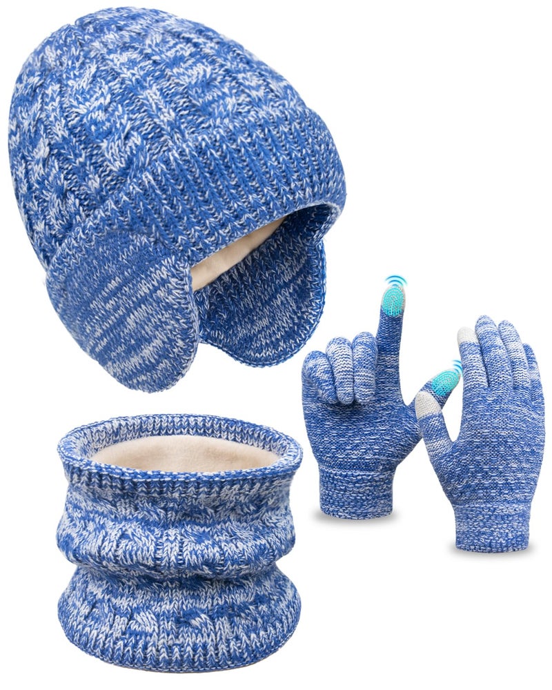 EAONE Kids Winter Hat Gloves Scarf Set,Toddler Girls Boys Beanie Hat with Earflaps,Knit Mittens & Neck Gaiter Warmer for Kids 4-12 - Image 1