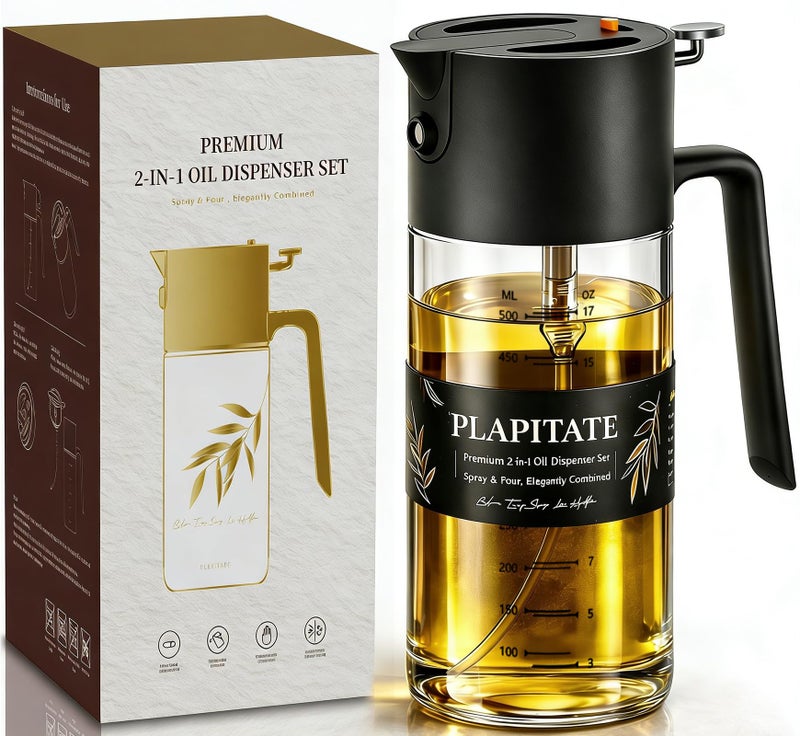 PLAPITATE بخاخ زيت الزيتون الممتاز 17 أونصة/500 مل من PLAPITATE للطهي، زجاجة موزع زيت الزيتون 2 في 1 لأدوات المطبخ، زجاجة بخاخ مع تحكم في الكمية للسلطة، القلي، الشواء (أسود) - Image 1