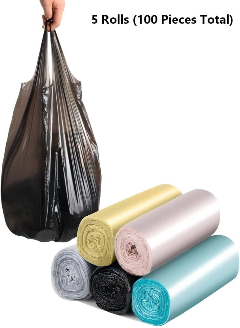 5 Rolls (100 Pieces Total) Kitchen Garbage Bag,Handle Tie Garbage Bags，Disposable Capacity Plastic Trash Bags,Multi-Purpose Plastic Bags，No Water Leakage and Good Toughness,for Office, Kitchen, Bedroom Waste Bin,Random Color - Image 1