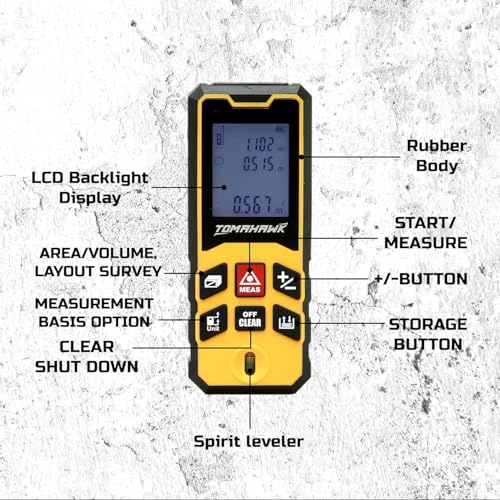 TOMAHAWK® TLM-O-40 Laser Distance Meter Measurer 131Ft/40M with Area, Volume and Pythagoras Measurement - Water and Dust Resistant Laser Measuring Device with Backlit LCD, Battery Included - Image 2