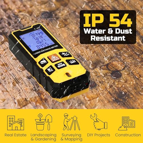 TOMAHAWK® TLM-O-40 Laser Distance Meter Measurer 131Ft/40M with Area, Volume and Pythagoras Measurement - Water and Dust Resistant Laser Measuring Device with Backlit LCD, Battery Included - Image 3