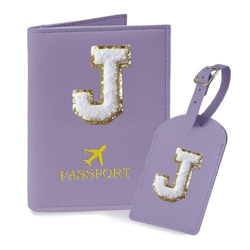 COSHAYSOO Purple Initial Passport Cover Holder and Luggage Tag Set TSA Approved with Chenille Letter Patch ABC for Women Teenage Girls, Travel Essentials Must Have Stuff Bag Suitcase Identifier (J) - Image 1