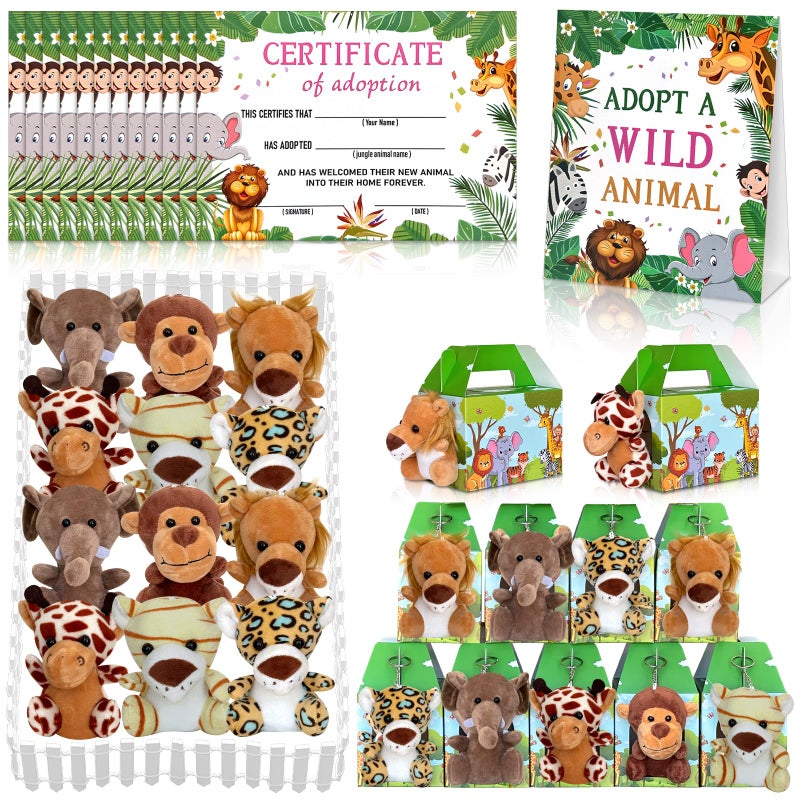 Jiytivity 38 Pcs Safari Jungle Party Favors Include 12 Foldable Paper Boxes 12 Forest Mini Stuffed Animals 12 Adoption Cards 1 Adoption Signs 1 Fence for Jungle Party Supplies Adopt A Jungle Animal Favors - Image 2