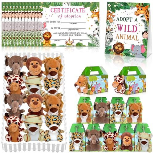 Jiytivity 38 Pcs Safari Jungle Party Favors Include 12 Foldable Paper Boxes 12 Forest Mini Stuffed Animals 12 Adoption Cards 1 Adoption Signs 1 Fence for Jungle Party Supplies Adopt A Jungle Animal Favors - Image 1