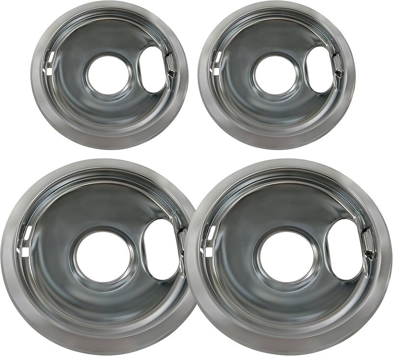 Kitchen Basics 101 Made in the USA 4 Pack (2) 6" & (2) 8" Replacement Chrome Drip Pans for Whirlpool W10278125 W10196405 W10196406 Hanging space save - Image 1