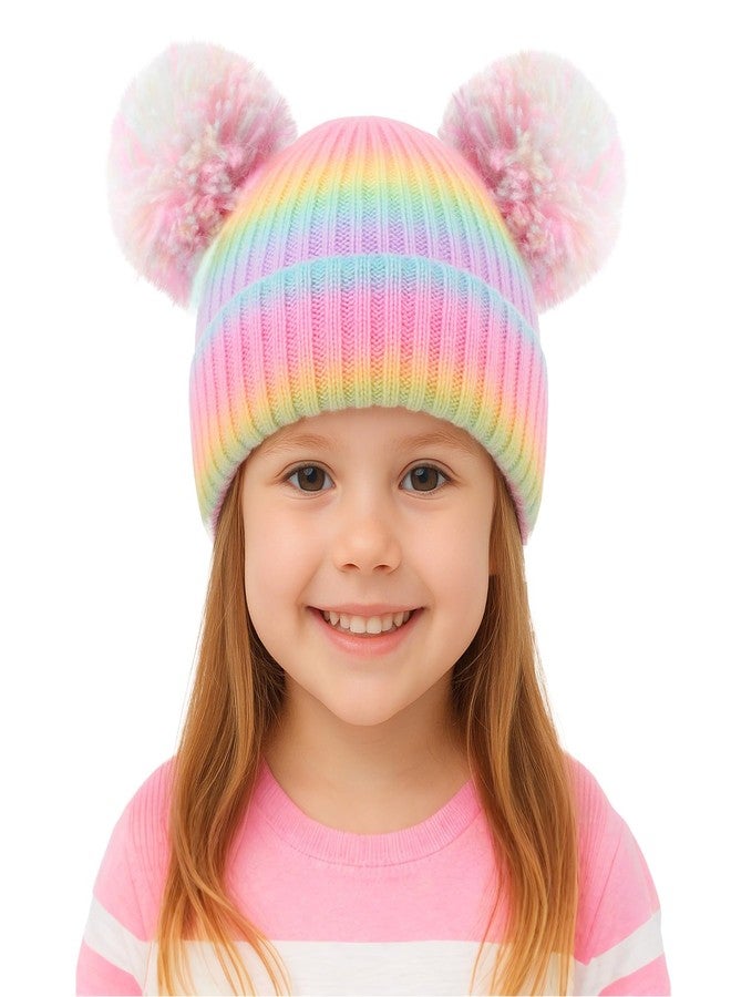 ACTLATI Little Girls Rainbow Pompom Beanies Hats Kids Winter Knitted Beanie Cap for Outdoor Snow Ski Skull Cap Age 3-8 - Image 5