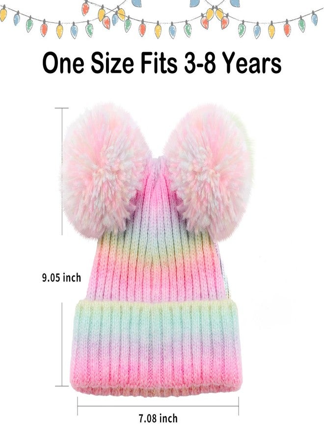 ACTLATI Little Girls Rainbow Pompom Beanies Hats Kids Winter Knitted Beanie Cap for Outdoor Snow Ski Skull Cap Age 3-8 - Image 2