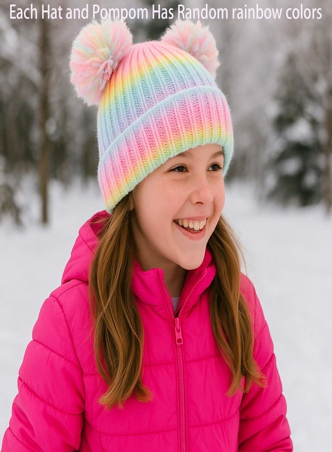 ACTLATI Little Girls Rainbow Pompom Beanies Hats Kids Winter Knitted Beanie Cap for Outdoor Snow Ski Skull Cap Age 3-8 - Image 3