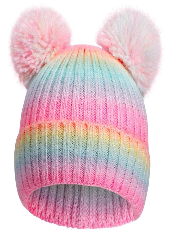 ACTLATI Little Girls Rainbow Pompom Beanies Hats Kids Winter Knitted Beanie Cap for Outdoor Snow Ski Skull Cap Age 3-8 - Image 1