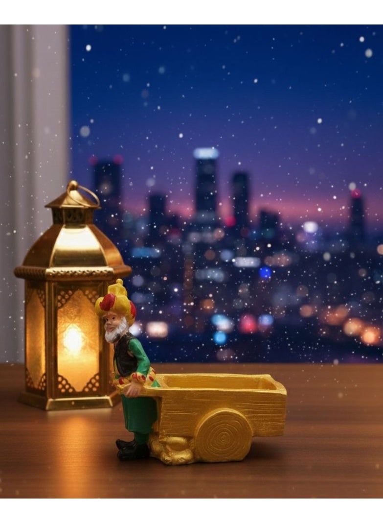 مجسم البورسلين لشخصيات رمضانية معروفة شخصية جدو فنانيس بيشد عربية المقاس: ١٩ سم عجوز رمضان يجر عربة تصلح للمكسرات أو الحلويات أو تصلح للزياتة أو الملاحات - متعدد الالوان