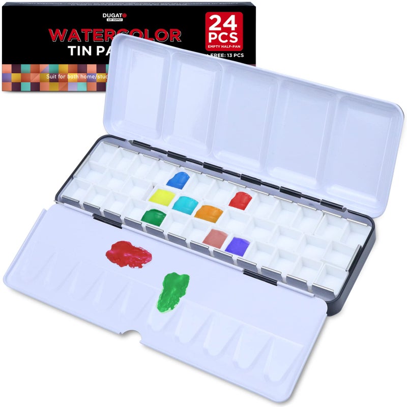 DUGATO DUGATO Medium Empty Watercolor Palette Tin with Lid  Holds 24 Half Pans 37 Included 6 FoldOut Mixing Areas  Metal Travel Box for DIY Art 