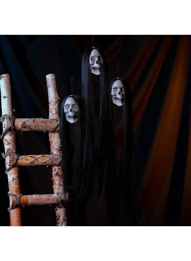 Halloween Hanging Ghost, Hanging Skull Decoration with Long Hair & Glowing Eyes - Terror Skull for Haunted House Decor, Halloween Horror Decoration - Image 5