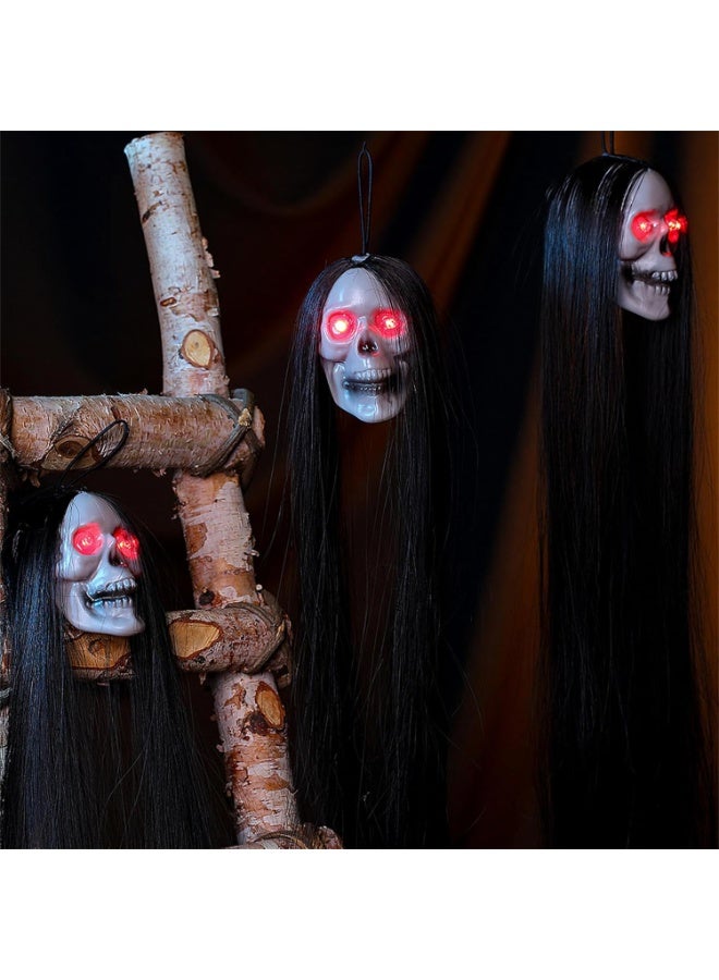 Halloween Hanging Ghost, Hanging Skull Decoration with Long Hair & Glowing Eyes - Terror Skull for Haunted House Decor, Halloween Horror Decoration - Image 4